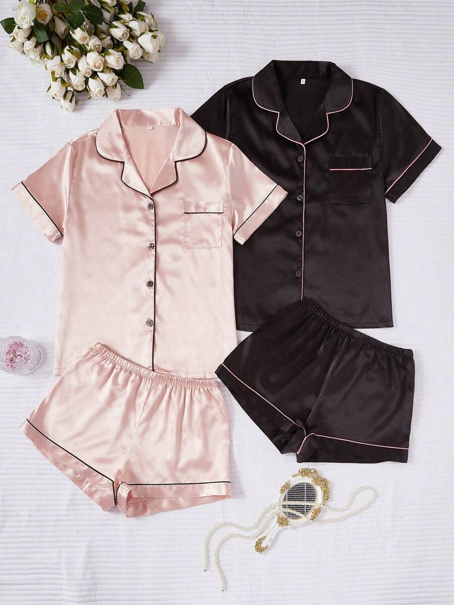 4pcs/Set Faux Silk Lapel Cardigan & Shorts Pajama Set | SHEIN