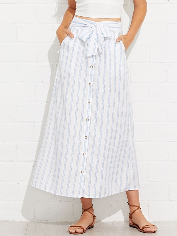 Button Through Belted Striped Skirt | SHEIN