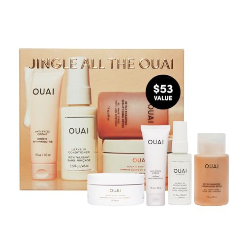 OUAI Jingle All The OUAI Travel Size Gift Set - Travel Size Hair & Body Care Set - Includes Detox Shampoo, Deluxe Anti Frizz Cream, Leave In Conditioner, Scalp & Body Scrub (4 Count) | Amazon (US)