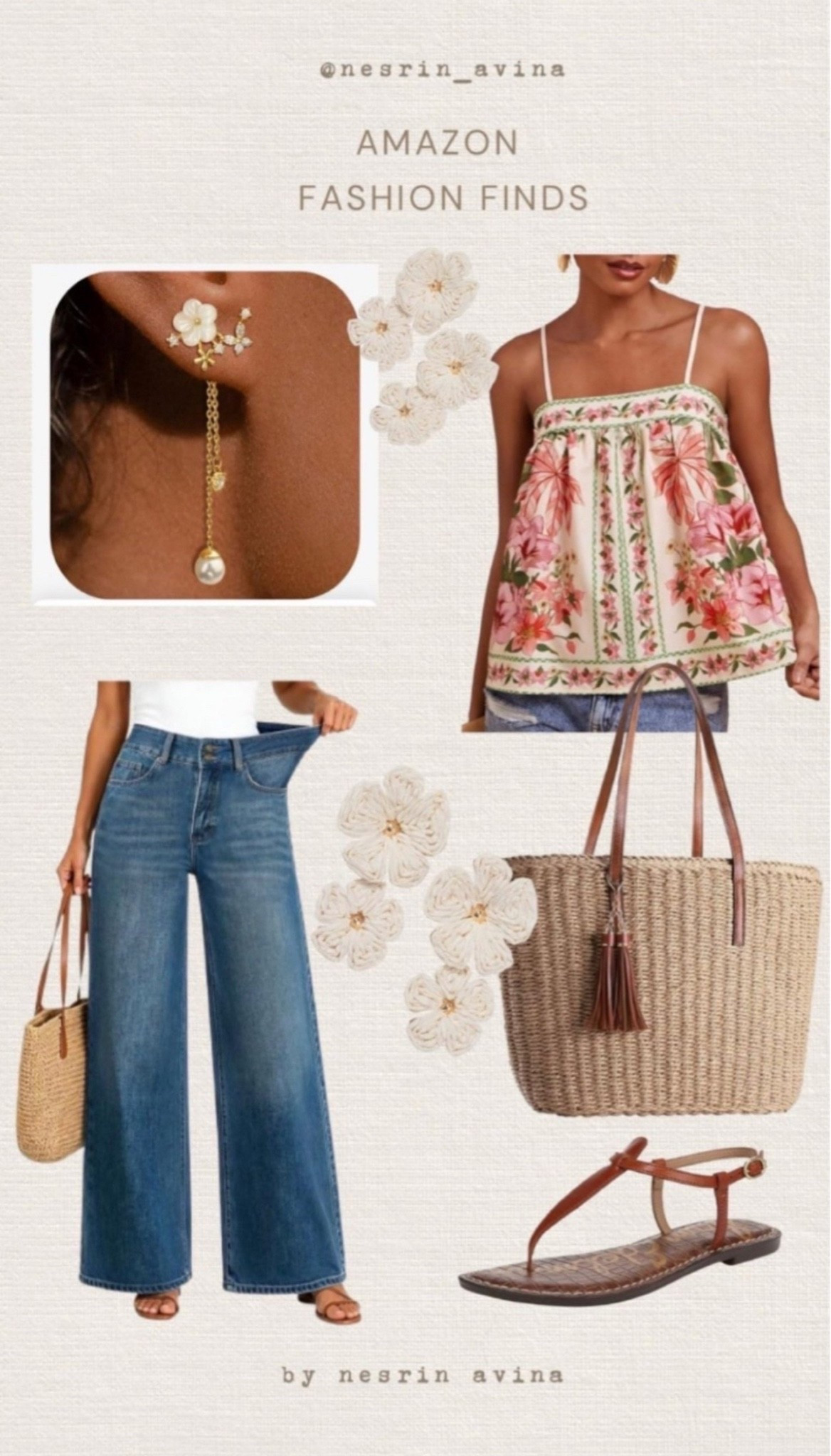 summer outfit 
flower top 
rattan bag 
summer tote bag 
wide leg jeans
earring