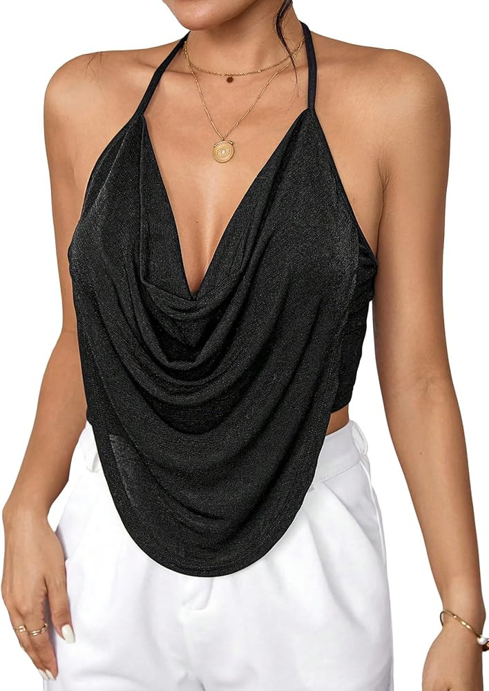 Floerns Women's Spaghetti Strap Draped Collar Backless Halter Neck Cami Top | Amazon (US)