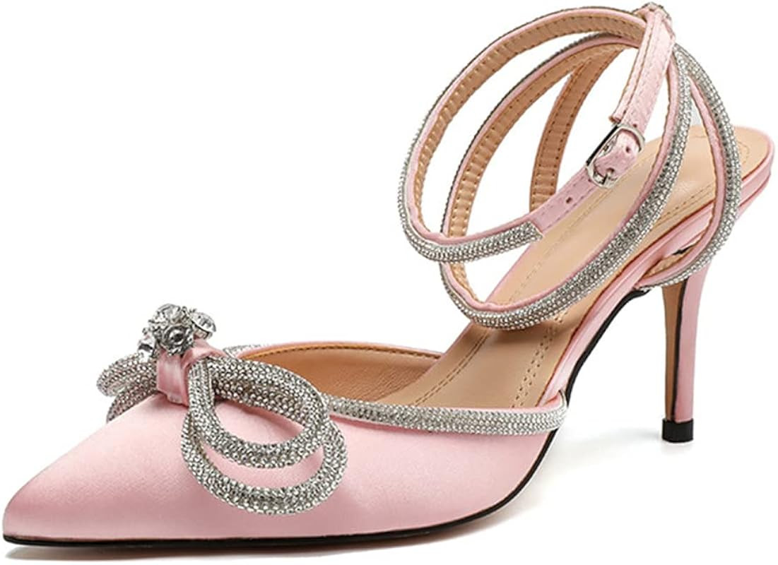 Womens Rhinestones Bow Heeled Sandals Ankle Strap Slingback Pointed Toe Stiletto High Heels Pumps... | Amazon (US)