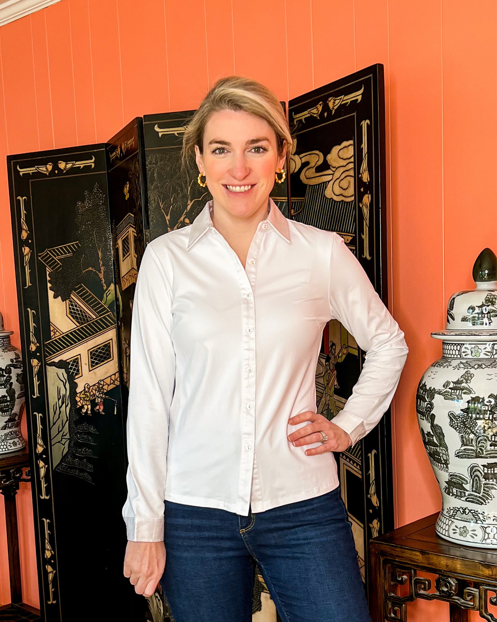 This is the Betty Shirt from J. McLaughlin. It has a wonderful feel to it; their special material. It’s sort of has an athletic feel to it and it gives a beautiful drape to the fabric. The collar still stands up though! Because of the straight hem all the way around it, this is a good shirt to leave untucked while still maintaining a polished look. I went up a size.