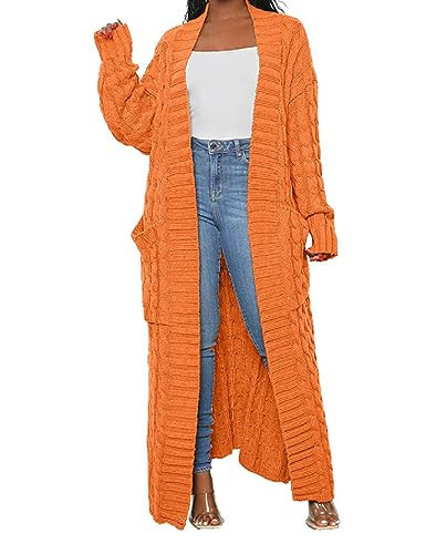 HRESSLBD Orange Cable Knit Cardigan - Womens Knitted Long Sleeve Oversized Coat with Dual Pockets (Orange, M) | Amazon (US)