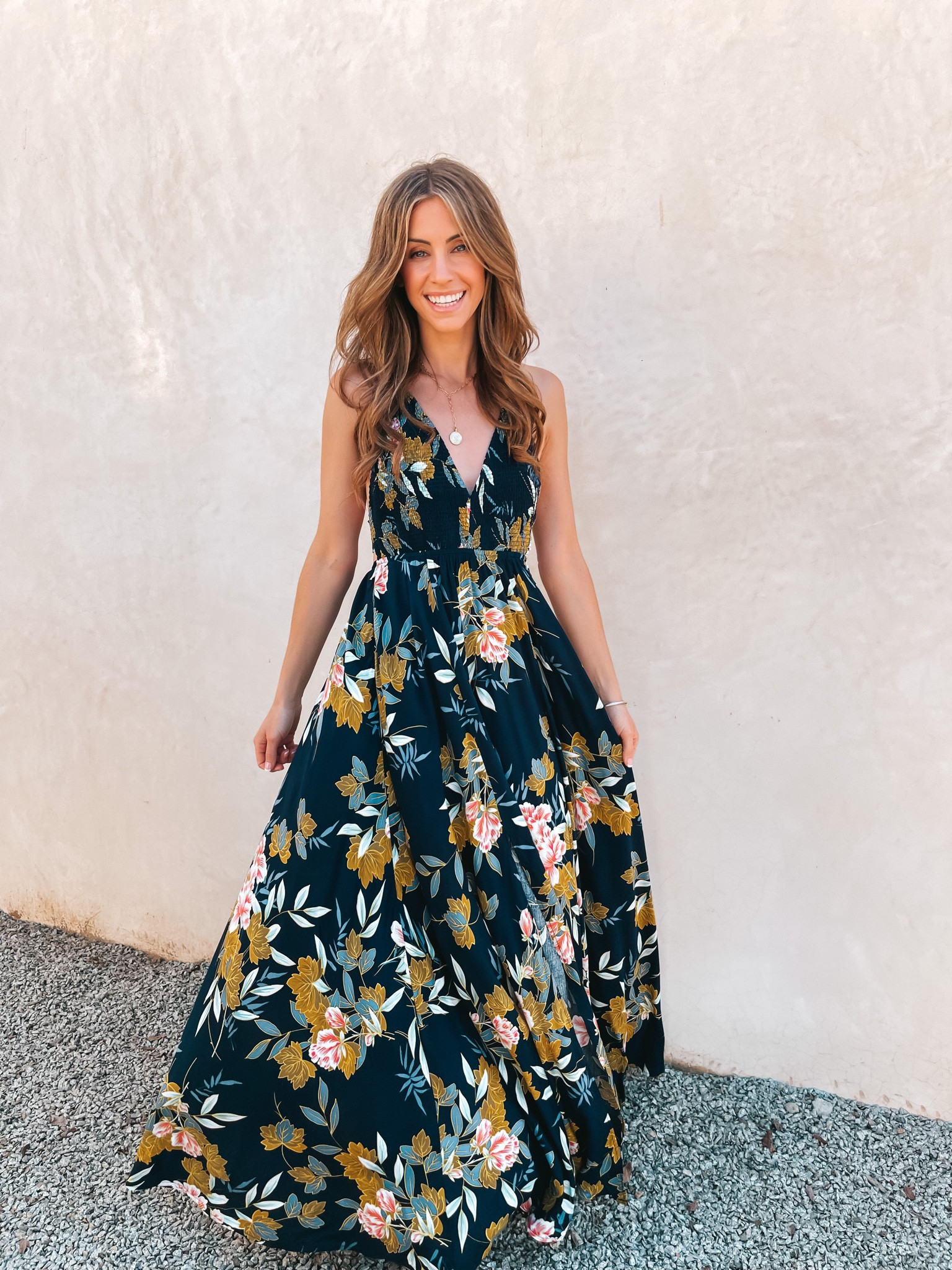 This gorgeous dress is on Pre-Order! I’m wearing a size small.

www.livingbarelyblonde.com

#maxidress #haltermaxidress #floralmaxi #weddingguest #datenight #nudeheels #clutch #goldlarietnecklace #treasures #barelyblonde #jenniferxerin

#LTKwedding #LTKunder100 #LTKshoecrush