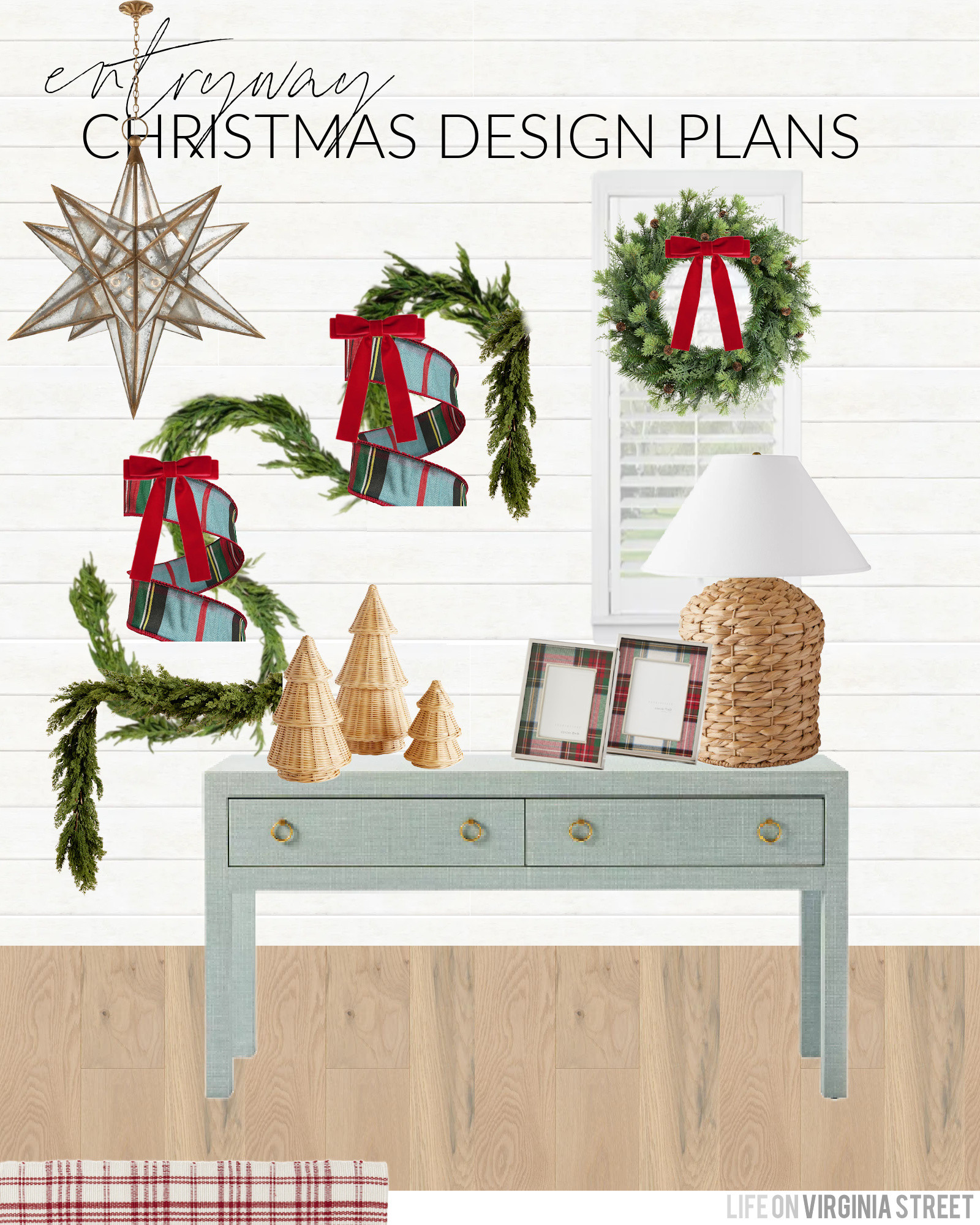 My Christmas entryway decorating plans! I love to layer this real-touch garland with this cedar garland for an extra luxe look (they're both great on their own though)! I plan to add in this dusty blue plaid ribbon, affordable Christmas wreath with pine cones, red velvet ribbon, Stewart plaid pictures frames, wicker Christmas trees (I'll also share a look for less option), and a red plaid rug. See all of my Christmas decor plans here: https://lifeonvirginiastreet.com/2024-christmas-design-boards/ #ltkholiday #ltkhome #ltksalealert #ltkfindsunder50 #ltkfindsunder100 #ltkseasonal 

 #LTKHoliday #LTKHome #LTKSaleAlert