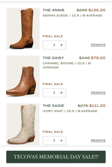 Tecovas Memorial Day sale with styles up to 70% off !!! Everything linked is under $150. My fav cowgirl boots, and all 3 styles fit my 18.5” calf! Also linked a couple mens pairs in case you’re shopping for your mans!

#LTKFestival #LTKSaleAlert #LTKShoeCrush