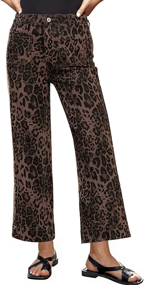 luvamia Wide Leg Jeans for Women High Waisted Leopard Cheetah Print Stretch Cropped Denim Pants P... | Amazon (US)