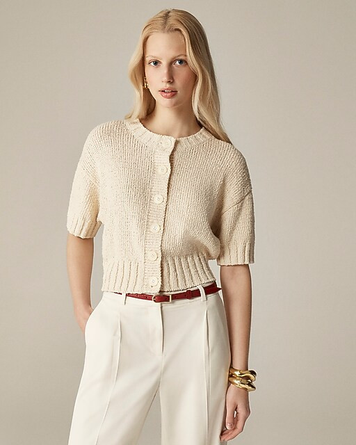 Marina crewneck cardigan in textured cotton blend | J. Crew US