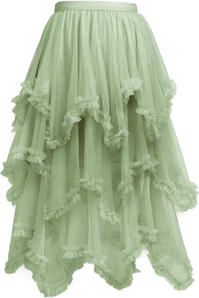 DAZCOS Tulle Skirt for Women High Low Ruffle Elastic Waist Midi Skirt Tutu Fairy Costume | Amazon (US)