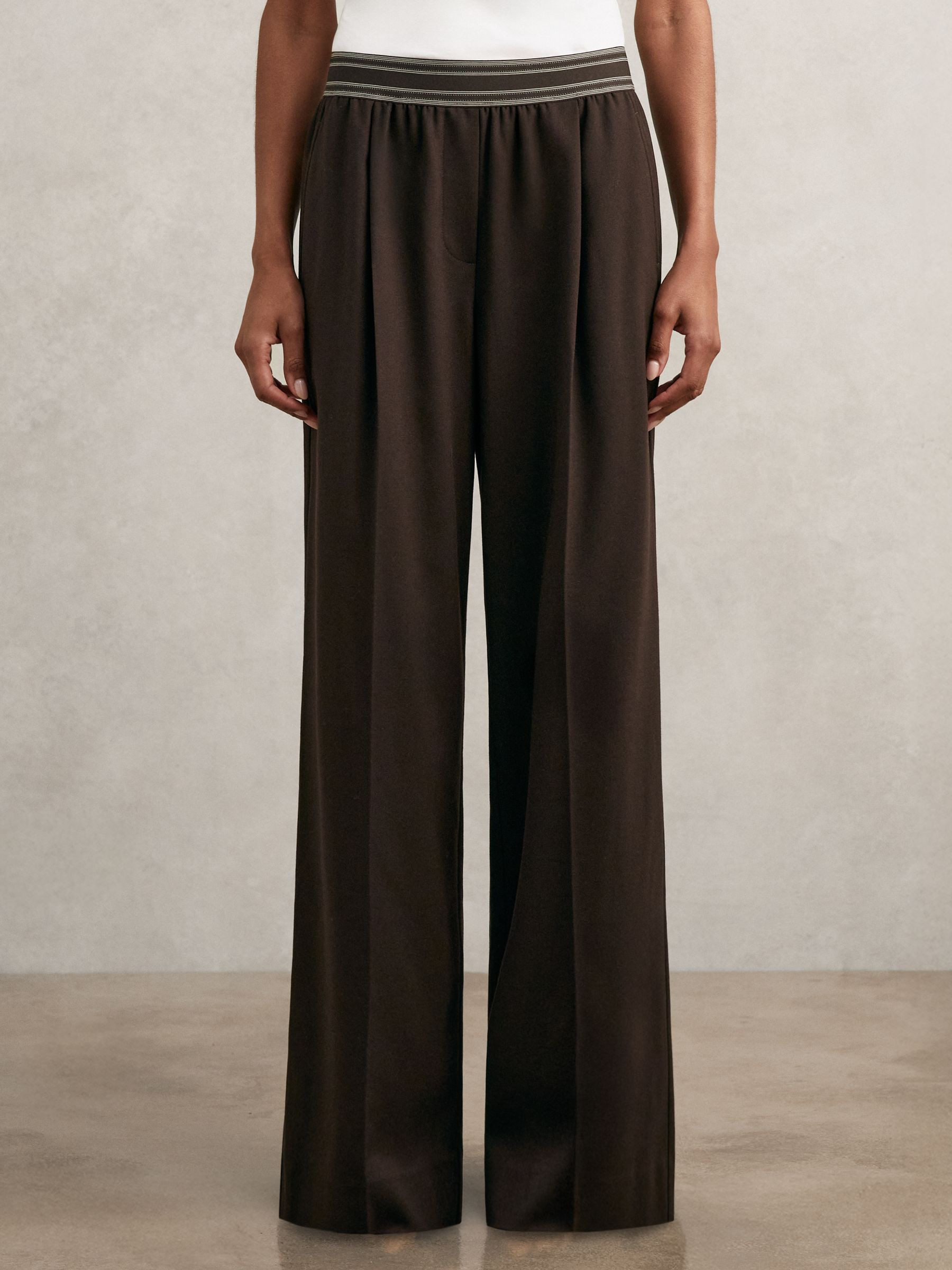 Reiss Petite Wide-Leg Contrast-Waistband Trousers in Chocolate Brown - REISS | Reiss UK