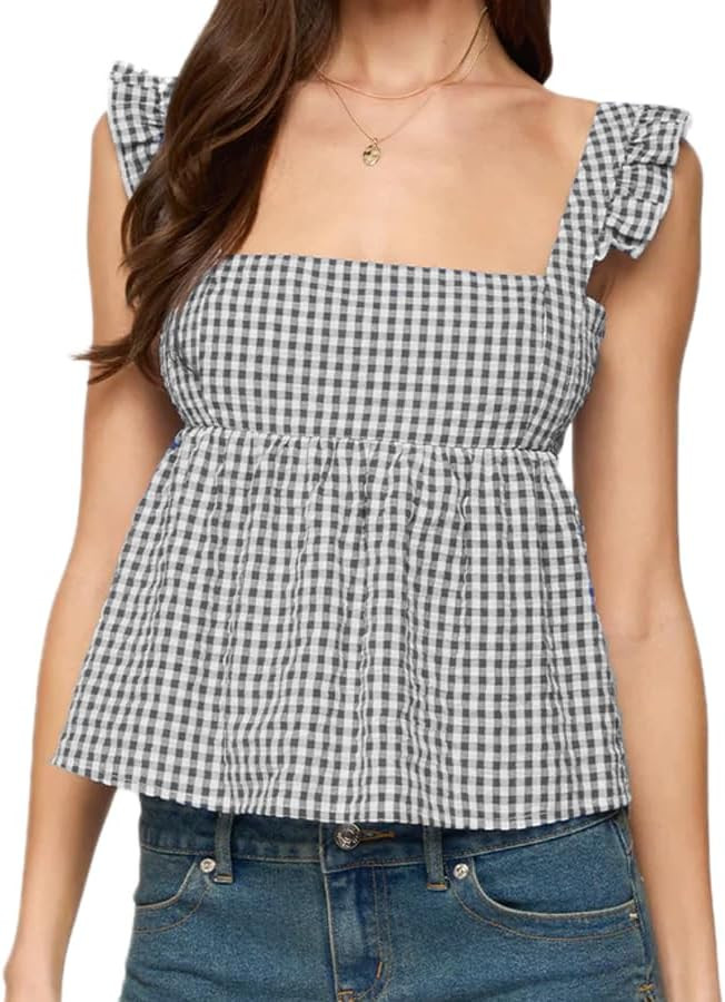 Mxiqqpltky Women Cute Gingham Babydoll Camisole Y2k Spaghetti Strap Ruffle Flowy Tank Top Fairy P... | Amazon (US)