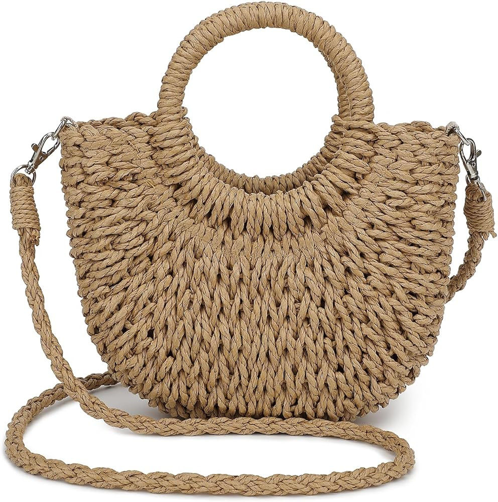 Woven Bucket Handbag for Women, Summer Beach Tote Bag Drawstring Shoulder Bag, Cute Handmade Buck... | Amazon (US)