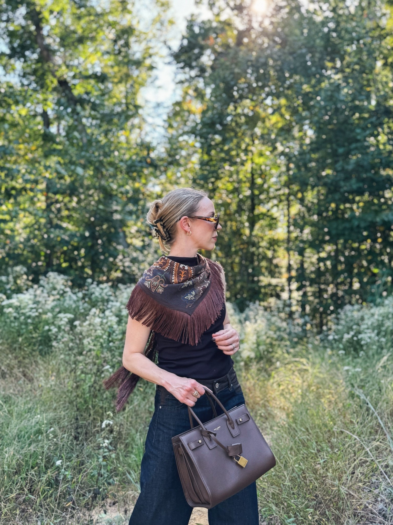 Paisley fringe scarf, @Zara dark wash jeans, Saint Laurent bag, fall outfits over 40

#LTKSeasonal #LTKOver40