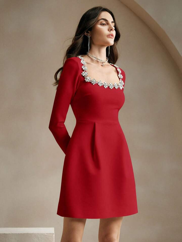 Anewsta Elegant Rhinestone-Decorated Squared Neck White Party Dress For New Year Clothes | SHEIN ... | SHEIN