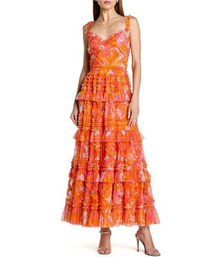 Mac Duggal Floral Mesh Sleeveless A Line Ruffle Ankle Length Dress | Dillard's | Dillard's