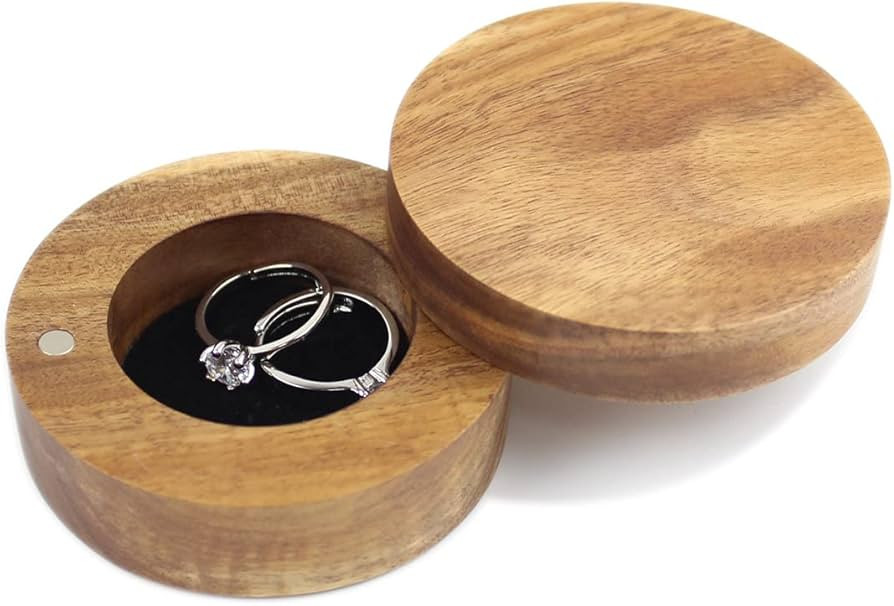 Rustic Wooden Ring Bearer Box for Wedding Ceremony, Round Acacia Wedding Double Rings Storage Box... | Amazon (US)