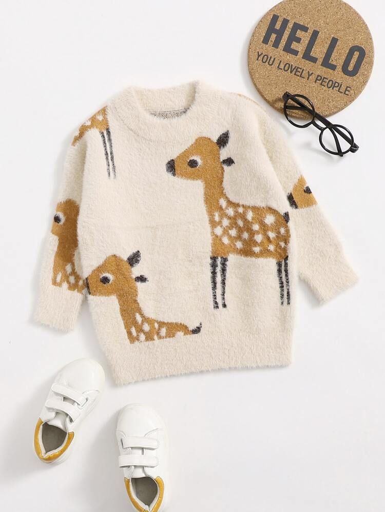 Toddler Girls Deer Pattern Fluffy Sweater | SHEIN