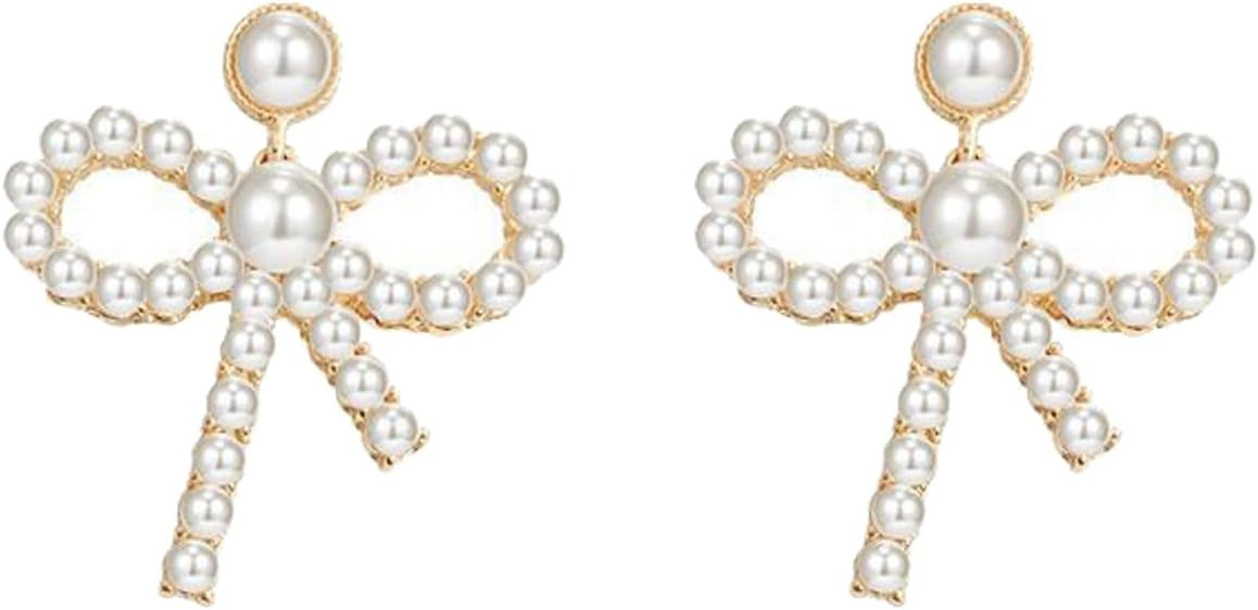CSIYANJRY99 Trendy Bow Earrings for Women Rhinestone Bow Pearl Drop Dangle Earrings Gold Ribbon B... | Amazon (US)