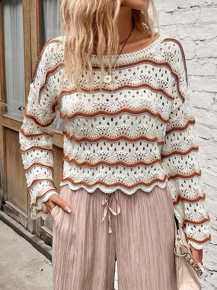 SHEIN LUNE Striped Pattern Drop Shoulder Pointelle Knit Sweater | SHEIN