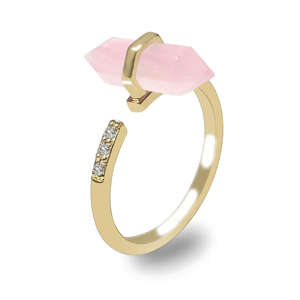 Rose Quartz Ring, Gold Plated Pink Crystal Ring for Women, Adjustable Healing Crystal Rings for R... | Amazon (US)