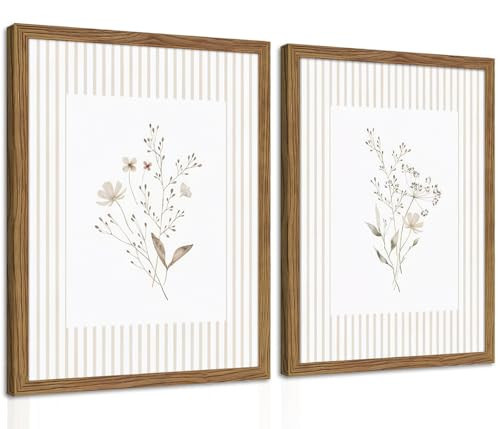 Neutral Wildflower Wall Art Set of 2, Vintage Flower Botanical Wall Decor Painting, Rustic Cottagecore Striped Floral Prints Pictures for Living Room Bedroom 16x24 Inch Framed | Amazon (US)