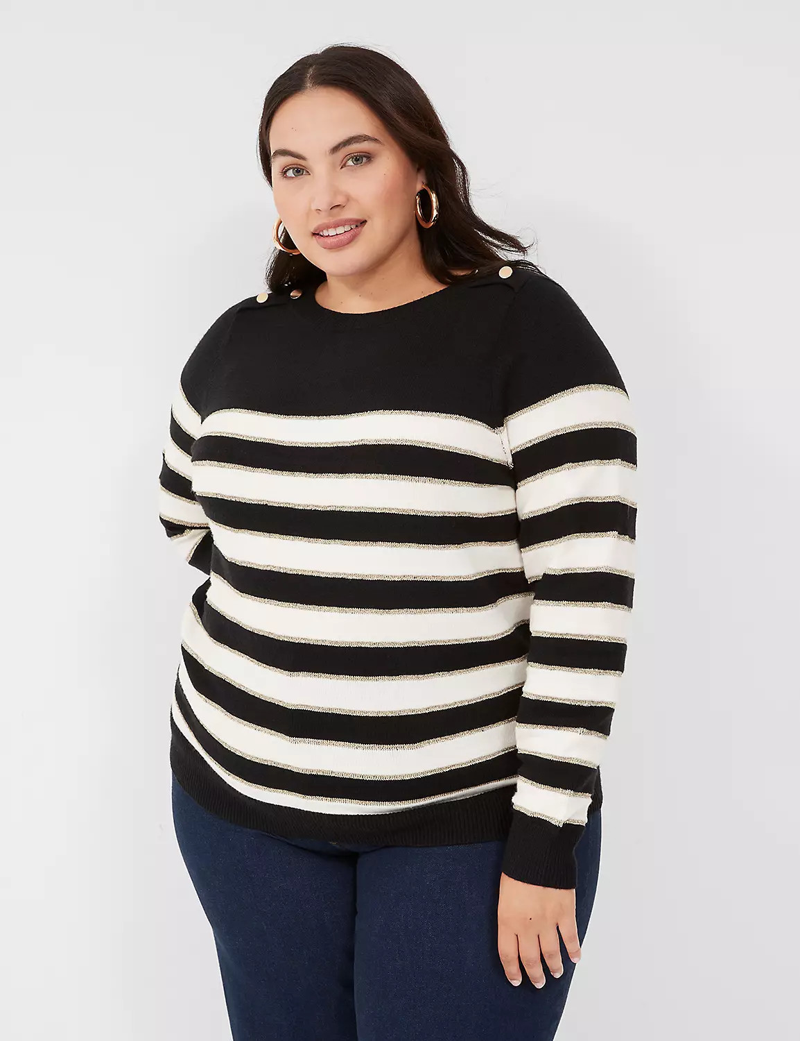Lane Bryant Crew-Neck Button-Shoulder Striped Sweater 18/20 Black | Lane Bryant (US)