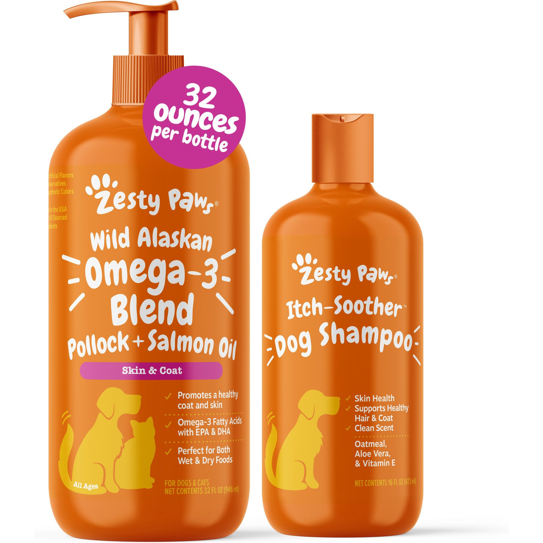Zesty Paws Wild Alaskan Salmon Oil Formula Liquid Skin & Coat Supplement, 32-fl oz bottle + Itch Soother Oatmeal & Aloe Vera Skin Moisture & Shiny Coats Vanilla Bean Scent Dog Shampoo | Chewy