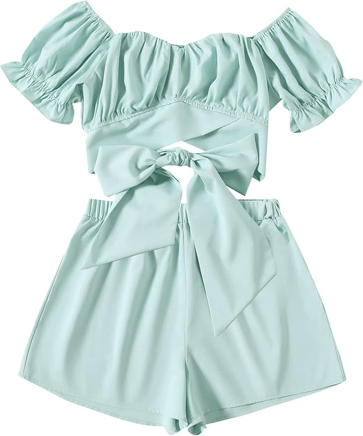 LYANER Women's 2 Piece Outfits Off Shoulder Short Sleeve Tie Back Crop Top and Shorts Set | Amazon (US)