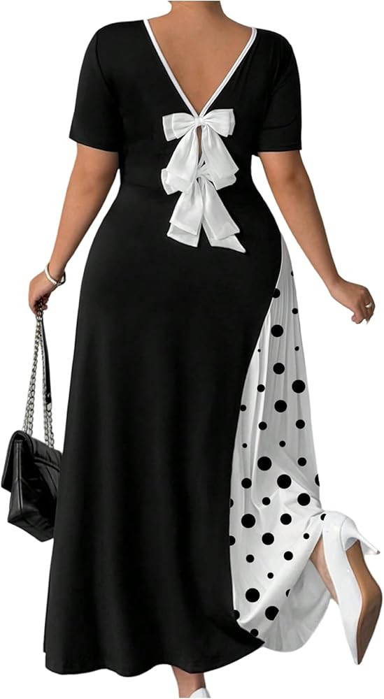 GORGLITTER Women's Plus Size Bow Pleated Cocktail Maxi Dress Color Block Short Sleeve Birthday Pr... | Amazon (US)