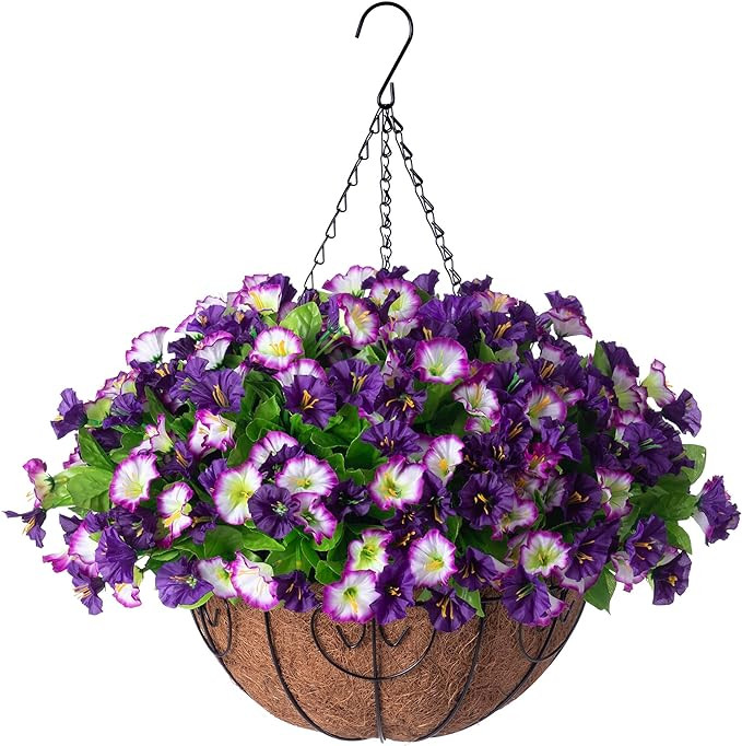 Artificial Hanging Flowers 12 inch Basket, Faux Silk Petunias Flower Arrangement,Coconut Lining P... | Amazon (US)