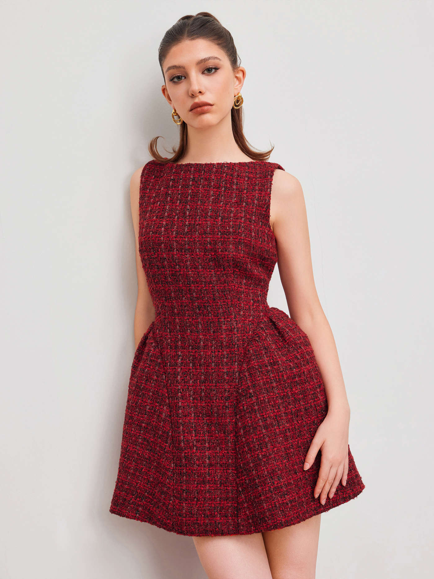 Tweed Tweed Boat Neck Zipper Ruffle Mini Dress For Party/Clubbing | Cider