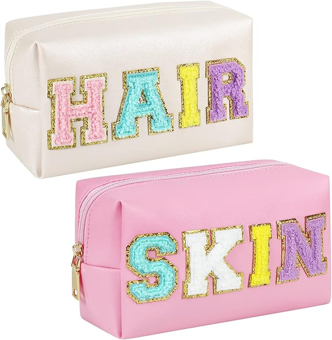 besharppin Preppy Makeup Bag, 2pcs Synthetic Leather Patch Cosmetic Bags with SKIN HAIR Chenille ... | Amazon (US)