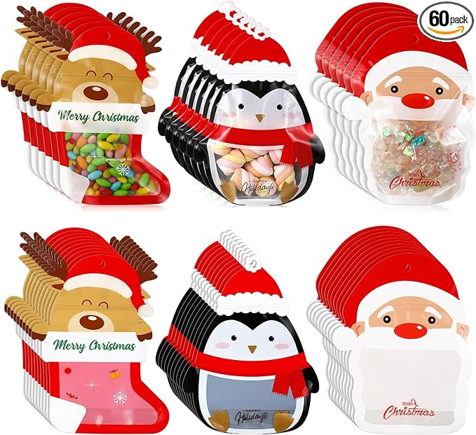 60 Pcs Christmas Treat Bags Candy Zipper Cute Reindeer Penguin Santa Claus Food Goodie Gifts Bags... | Amazon (US)