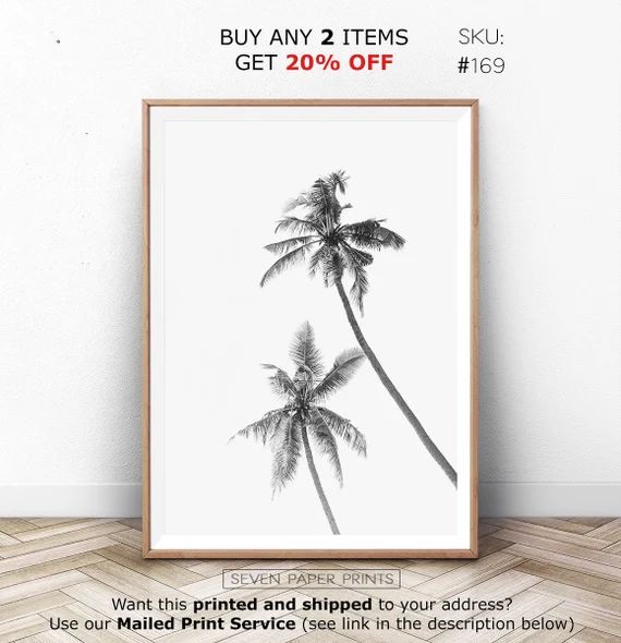 Black and White Palm Tree Wall Art Print. Download Tropical Minimalist Photography Poster. BW Lea... | Etsy (US)