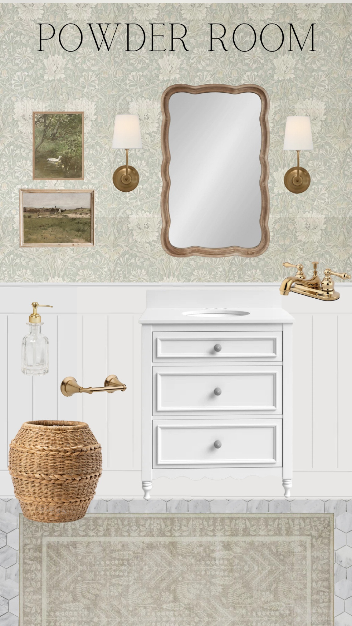 Floral powder room wallpaper. William morris. Shiplap. Scalloped vanity and wood mirror. Brass sconces. Mood board 

#LTKhome #LTKFind #LTKstyletip