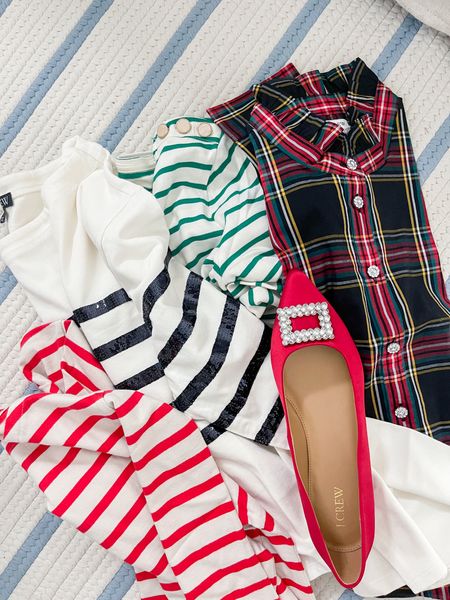 A few festive holiday outfit finds! Included a plaid top with jeweled buttons, two different striped boatneck tops, a sequined striped top, and cute Christmas flats (run small - size up)! Also linking a few other options I own and love. And they’re all on sale!
.
#ltkholiday #ltkfindsunder50 #ltkfindsunder100 #ltkstyletip #ltkover40 #ltkmidsize #ltksalealert #ltkparties #ltkworkwear #ltkshoecrush #ltkseasonal #ltkhome

#LTKHoliday #LTKover40 #LTKsalealert