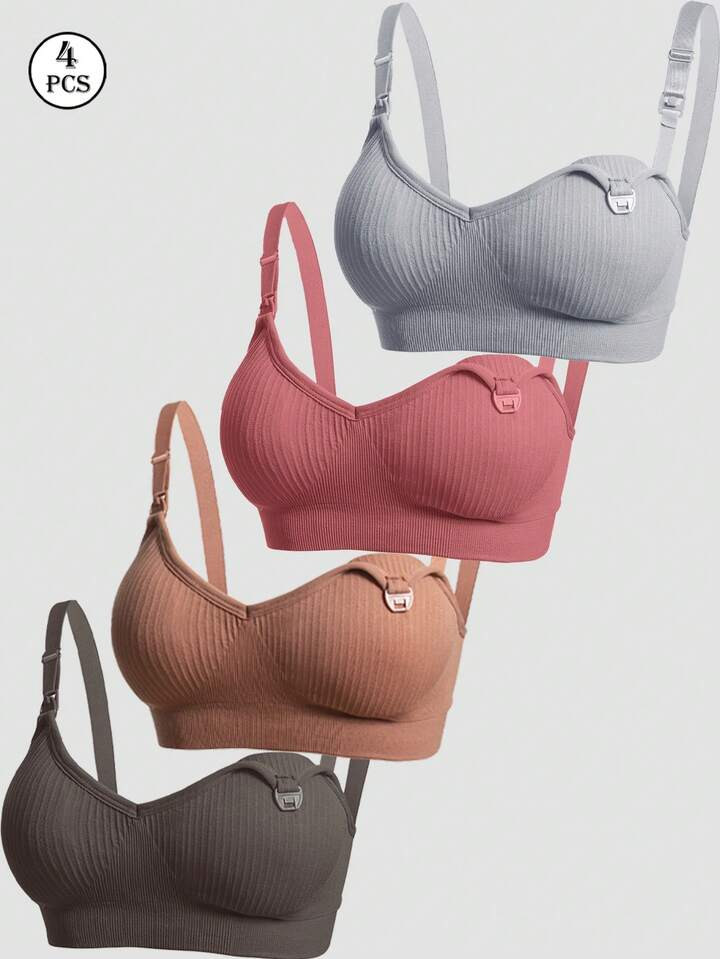 4pcs/Set Maternity & Nursing Lace Clip Down Front Bras For Breastfeeding, Soft & Comfort | SHEIN