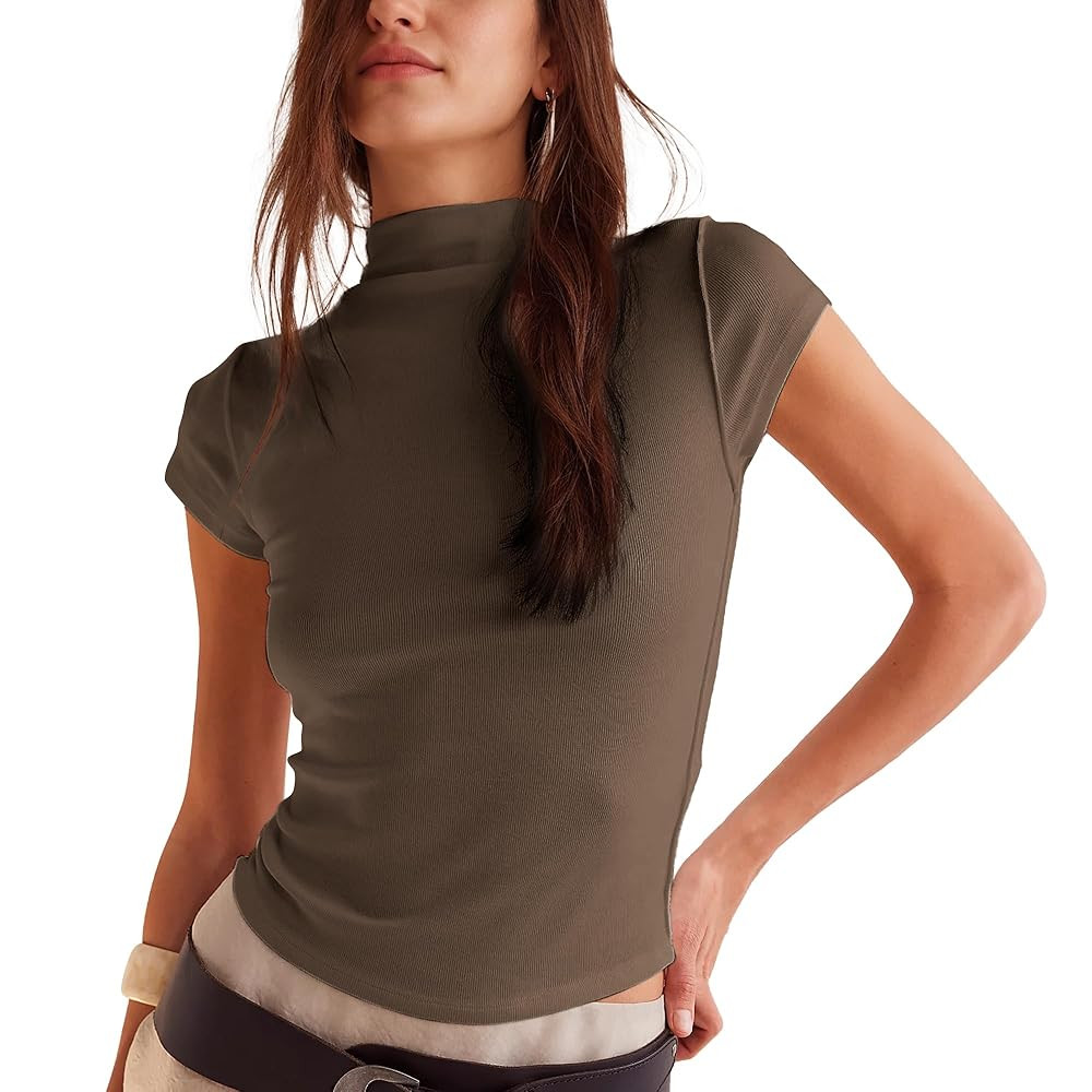 Hixiaohe Womens T-Shirt Cap Sleeve Top Casual Mock Neck Shirts Summer Tops Slim Fit Tees Y2k Clot... | Amazon (US)