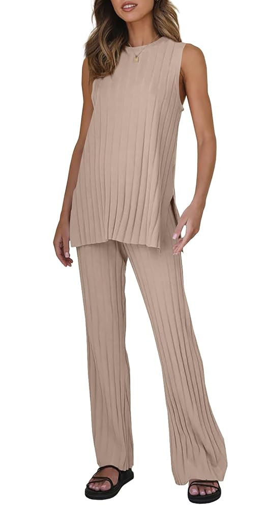 Tankaneo Two Pieces Outfits Sleeveless Top Knit Sets Trendy Lounge Long Pajamas Set Camel at Amaz... | Amazon (US)
