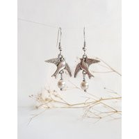 Silver Bird Earrings, Flying Swallow Pearl Dangles, Dainty Bohemian Jewelry, Nature Lover Gift, Wild Life Peace Dove, Minimalist Lightweight | Etsy (US)