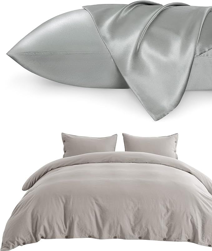 Bedsure Grey Queen Satin Pillowcase Bundle Linen Duvet Cover Queen | Amazon (US)