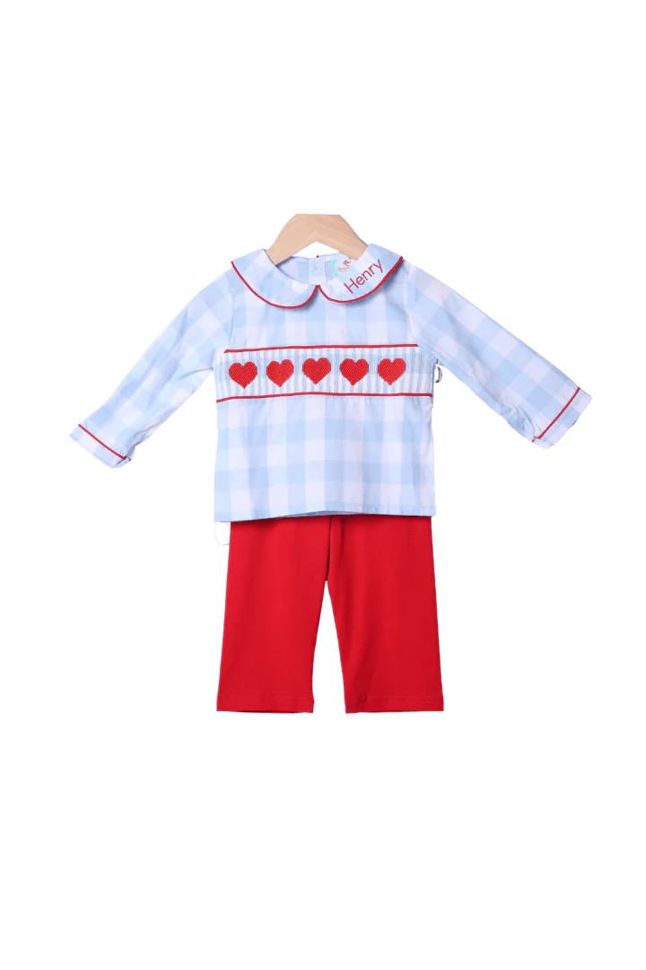 Smocked Heart Blue Gingham Pant Set | The Smocked Flamingo