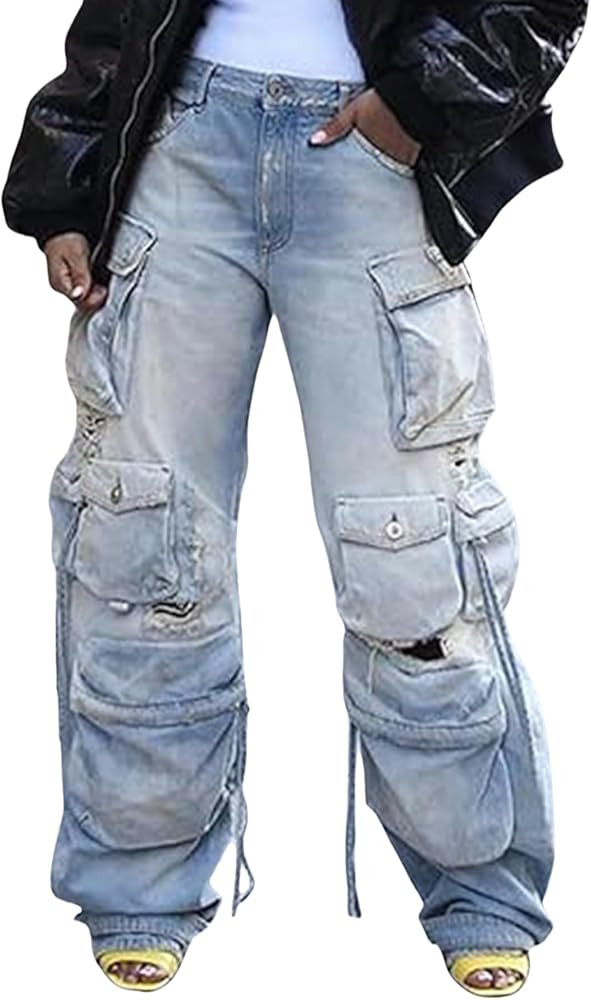 NRTHYE Cargo Jeans for Women Y2K High Waist Baggy Denim Cargo Pants with Pocket Streetwear | Amazon (US)
