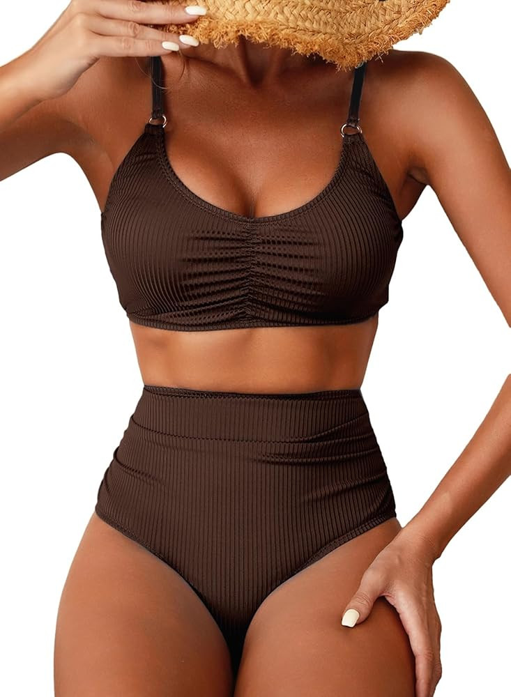 Herseas Women's Loop Straps Bikini Sets 2 Piece Shine Ribbed Swimsuits Ruched High Waisted Bathin... | Amazon (US)