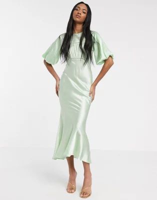 ASOS DESIGN satin midi tea dress with lace inserts in green | ASOS (Global)
