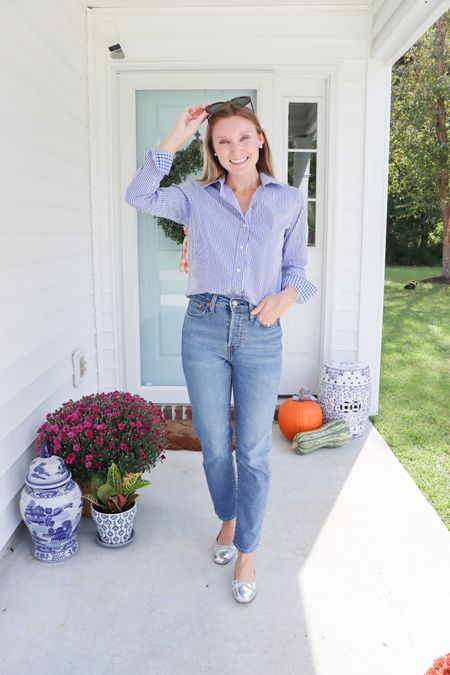 Timeless outfit every girl needs in her closet // blue and white striped Oxford // preppy outfit // chic outfit // fall outfit idea // coastal grandmother // preppy style 

#LTKfindsunder50 #LTKstyletip #LTKworkwear