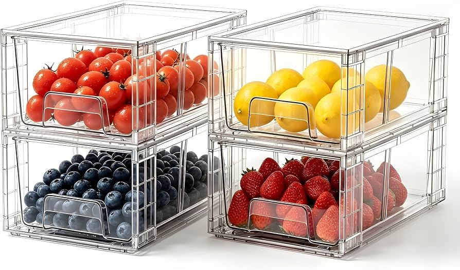 4 Pack Stackable Storage Drawers with Handles, Easy Assembly Clear Acrylic Fridge Organizer, Refr... | Amazon (US)