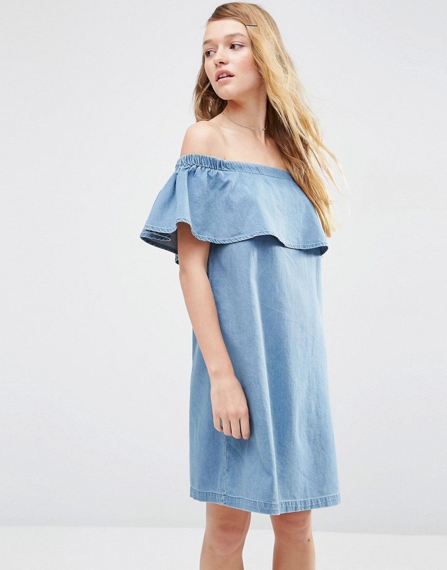 ASOS Denim Bardot Off Shoulder Dress With Ruffle | ASOS US