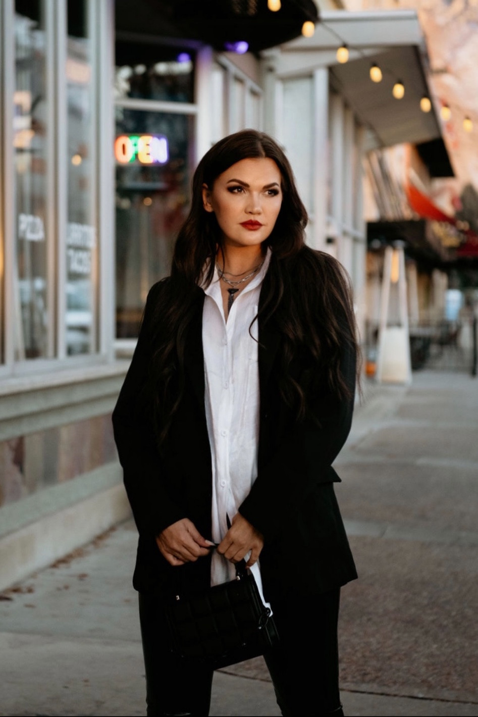 Patent Spanx Leggings
Red Lipstick  
Black Blazer - now on sale 

#LTKsalealert #LTKHoliday #LTKbeauty